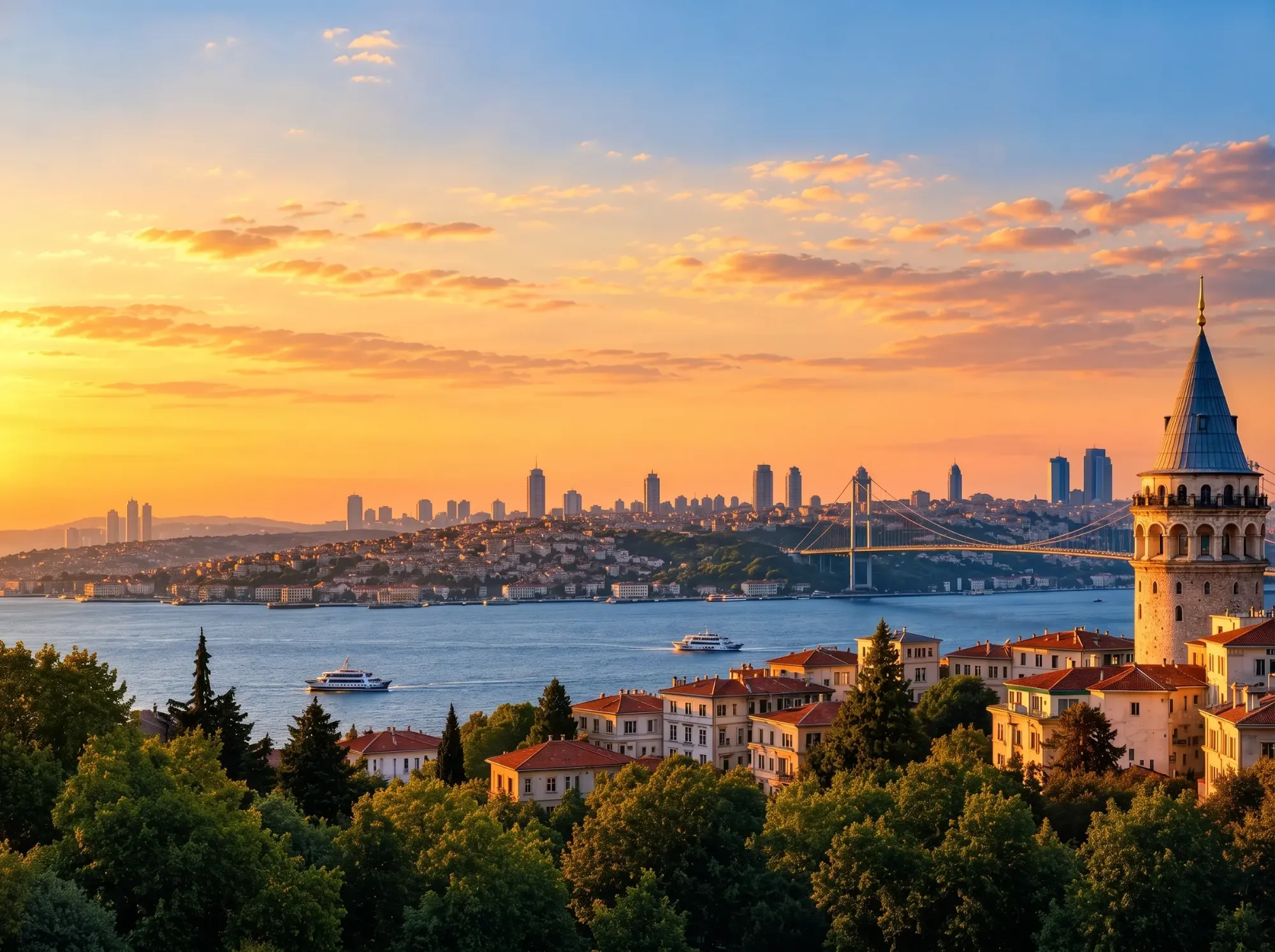 Boğaz, Galata Kulesi ve İstanbul silüeti — gün batımı